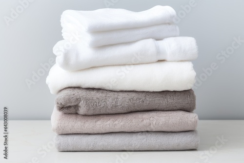 A pile of clean and plush towels resting on a plain white surface