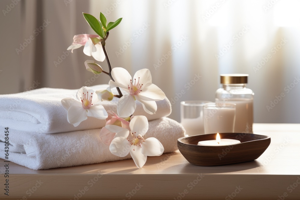 A tranquil spa and wellness environment adorned with blossoming flowers and neatly arranged towels. A heavenly day spa featuring natural products inspired by nature.