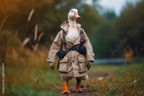 portrait of happy goose wearing travel clothes
