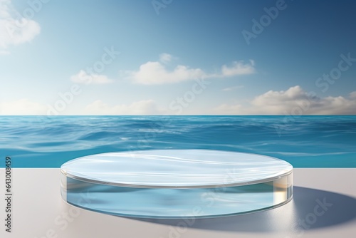 A translucent circular podium made of clear glass is placed on a soothing blue water
