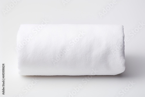 A white bath towel neatly rolled up set against a plain white background