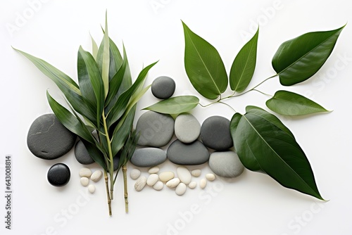 A Zen-inspired arrangement of natural elements including a green leaf and stone is featured in a flat lay composition. 
