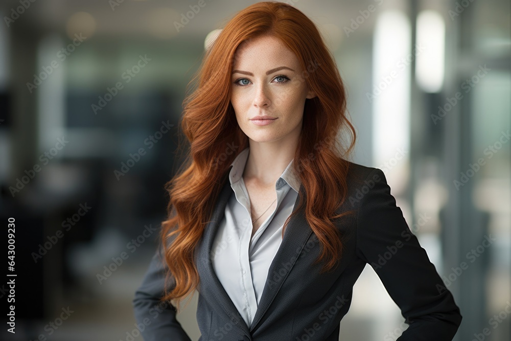 Professional people. Young happy redhead woman smiling at camera on chest confident, standing in office blouse and suit on work place background Professional people. Young happy redhead woman smiling at camera on chest confident, standing in office blouse and suit on work place background