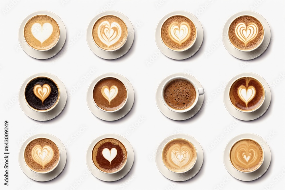 Assorted coffee cups with heart sign top view isolated on white background Assorted coffee cups with heart sign top view isolated on white background