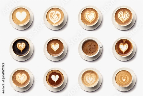 Assorted coffee cups with heart sign top view isolated on white background