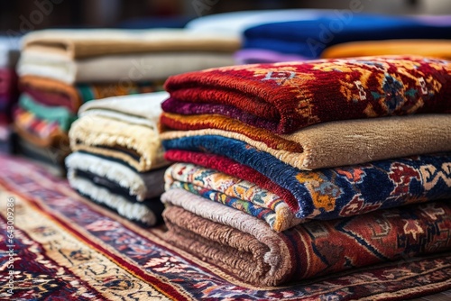 Assortment of beautiful oriental carpets in a traditional Middle Eastern market Turkish colorful handmade carpets