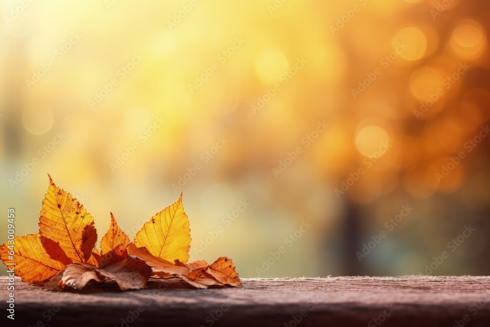Autumn leaves on a blurred backdrop create a natural scene