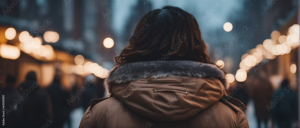 Photo of a a women on a busy street Wearing winter clothes ,Back view of a women with bokeh Photo of a a women on a busy street Wearing winter clothes ,Back view of a women with bokeh