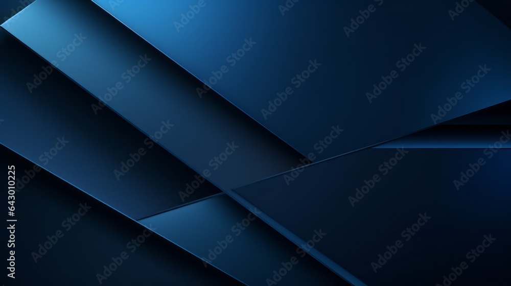 Elegant modern dark blue abstract background. Blue to black olor gradient. Geometric shape. Lines, stripes at different angles. 3d effect. Futuristic. Web banner. Wide. Panoramic design. Generative AI