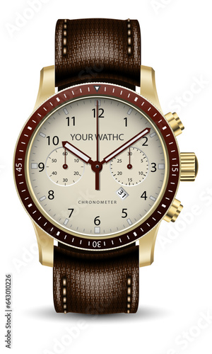 Realistic watch clock chronograph face gold dark brown leather strap on white design classic luxury vector