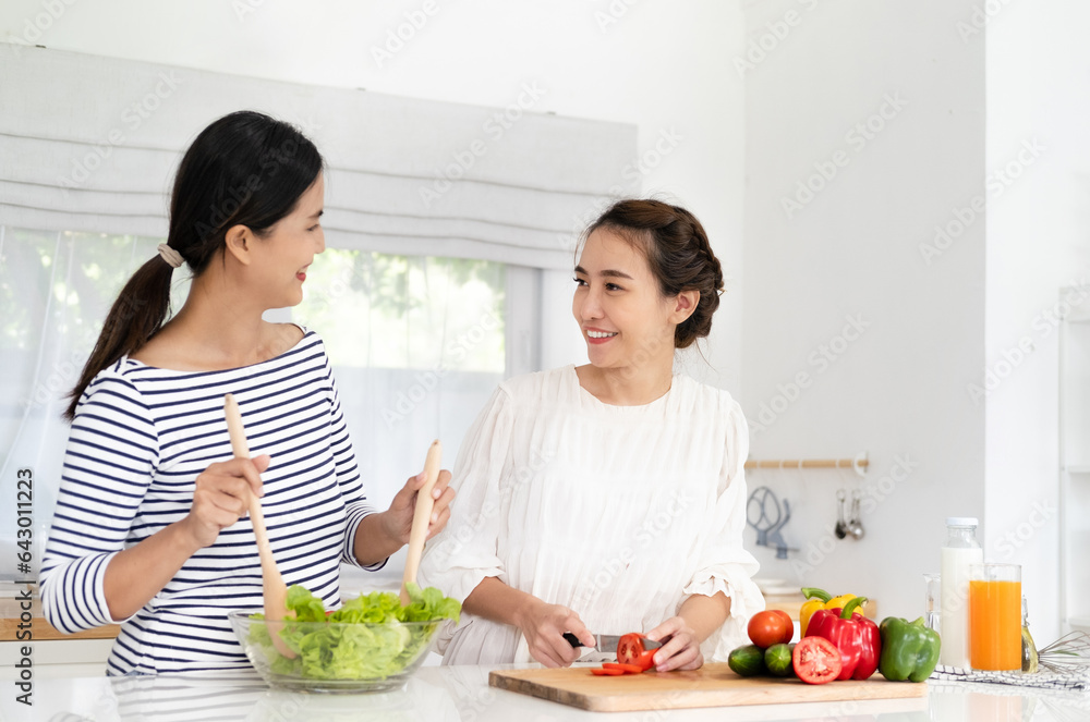 healthy eating, family friendship and people concept - Female Friends Enjoying Fresh Salad in kitchen and Having Fun. cooking vegetable salad for dinner at home kitchen healthy eating, family friendship and people concept - Female Friends Enjoying Fresh Salad in kitchen and Having Fun. cooking vegetable salad for dinner at home kitchen