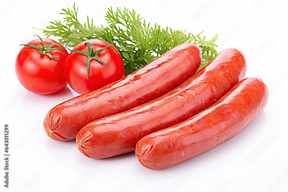 Chicken sausages and tomatoes isolated on white Chicken sausages and tomatoes isolated on white
