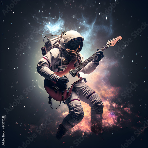 An astronaut in outer space playing an electric guitar with stars and the milky way galaxy behind him. A concept of music, creativity, and space travel. Generative ai. 