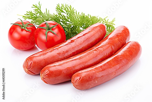 Chicken sausages and tomatoes isolated on white