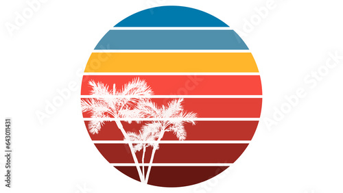 Sun 80s in retro style. Retro sunset collection. Retrowave striped circles with forest and trees