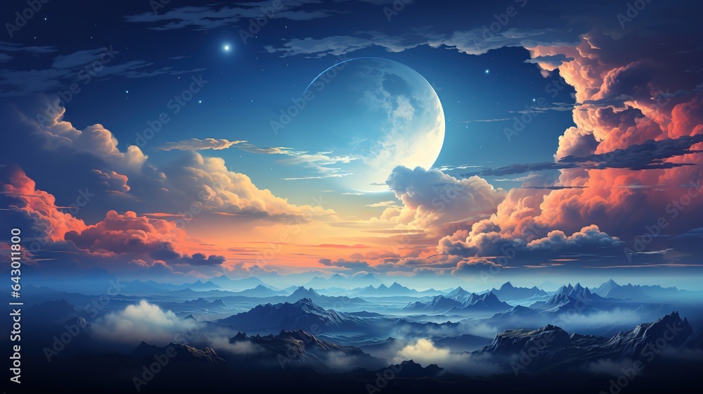 Fantasy landscape with mountains, clouds and the moon in the night sky.