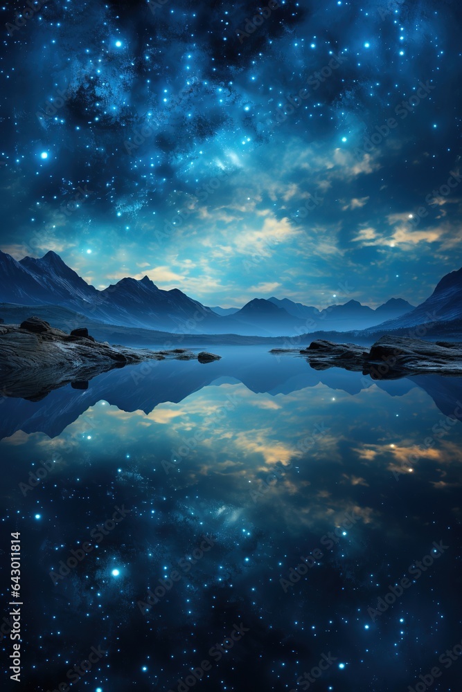 Fantasy landscape with mountains, lake and starry sky reflected in water