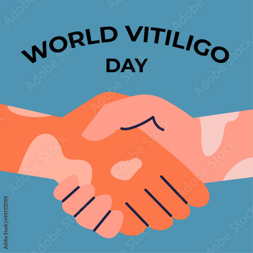 Shaking two hands with skin pigmentation as a sign of the fight against skin diseases. World Vitiligo Day. Flat illustration for medical articles. Medical concept of skin treatment.