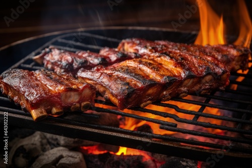 Close up view from above of grilled ribs in barbecue sauce cooked on a wooden table
