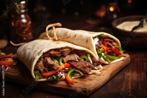 Close up view of Turkish doner kebabs wrapped in toasted tortillas served on brown paper on a rustic wooden table photo