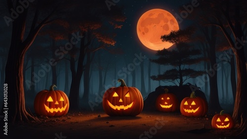 Illustration of a scary looking pumpkin In the woods at Halloween night.Generative AI