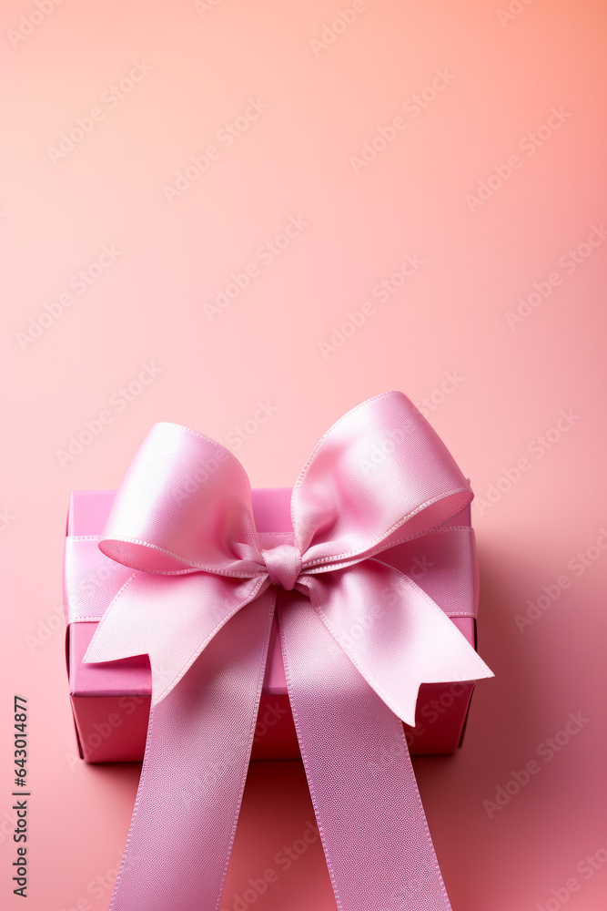 A pink bow on a pink present with pink background - with space for text A pink bow on a pink present with pink background - with space for text