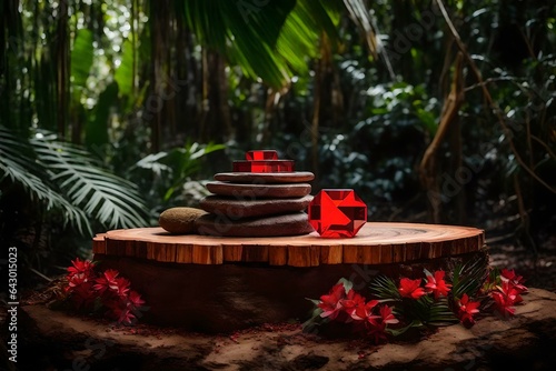 cubic wood stone cosmetic podium background with red crystal in the tropical forest hyperrealistic materials © LimeSky