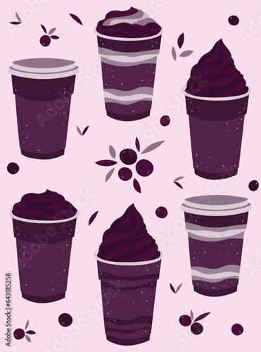Colorful açai, acai, açaí berry ice cream in plastic cup. Brazilian superfood. Colored vector illustration set, background.