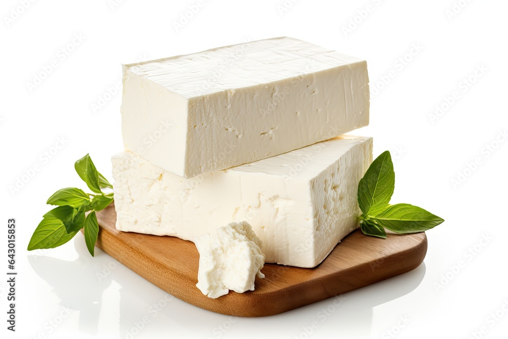 Feta cheese from Greece isolated on white - obrazy, fototapety, plakaty 