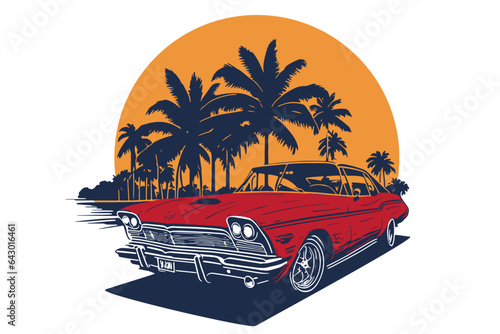 Classic american car style. Vintage vehicle vector illustration. Modern print design of retro machine.
