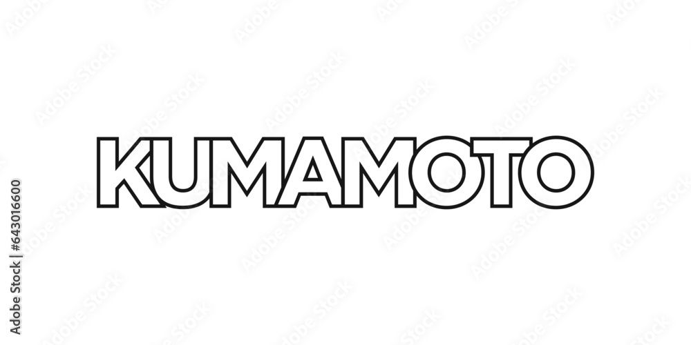 Kumamoto in the Japan emblem. The design features a geometric style, vector illustration with bold typography in a modern font. The graphic slogan lettering.