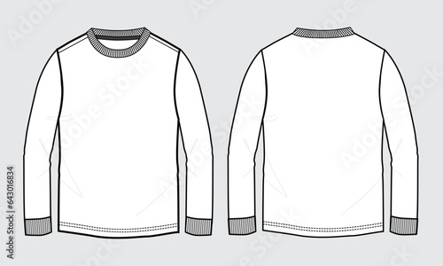 Long sleeve T shirt overall technical fashion flat sketch vector Illustration template front and back views isolated on Grey background. Basic apparel Design Mock up for Men's, Kids and boys.