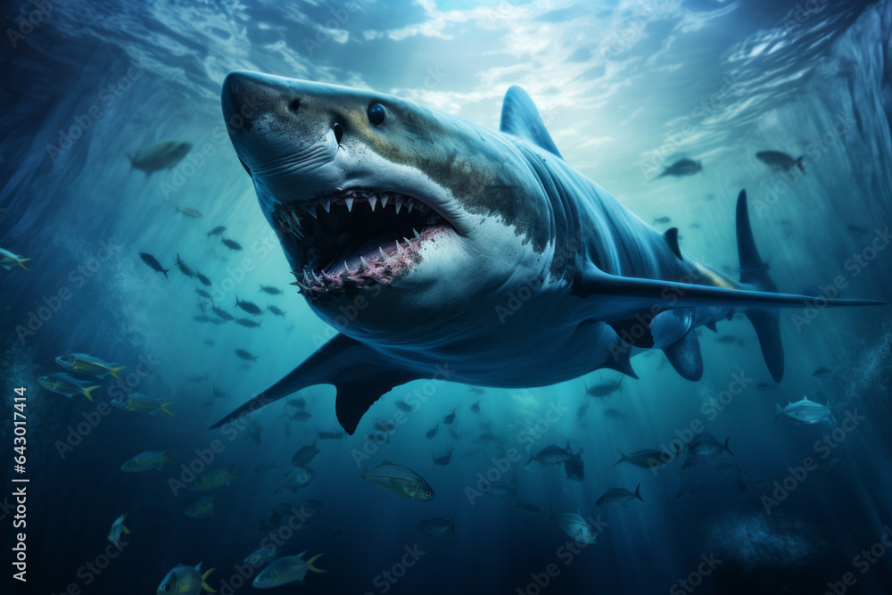 Naklejka premium Scary megalodon (extinct prehistoric shark) under water
