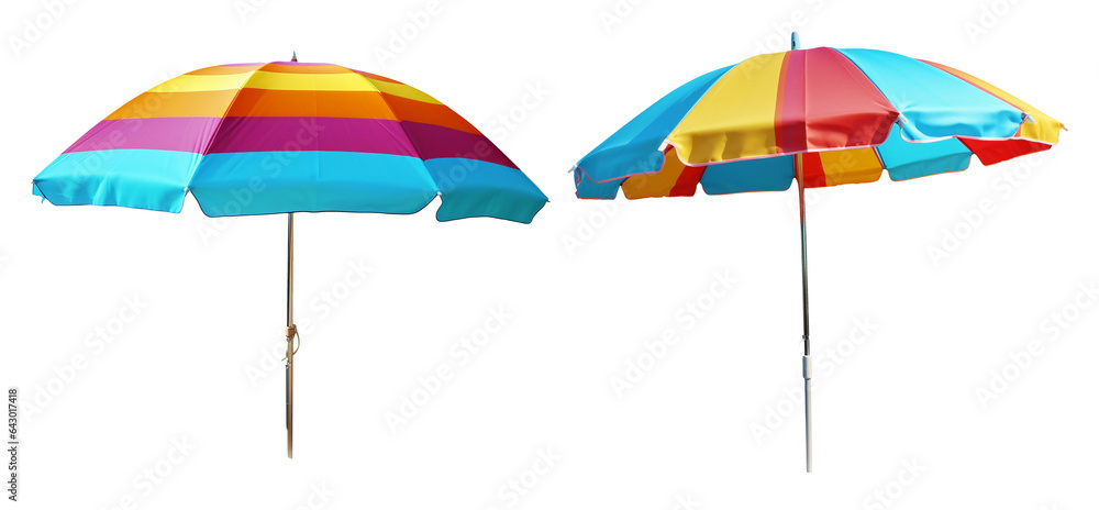 Set of two colorful beach umbrella isolated on transparent or white background, png - obrazy, fototapety, plakaty 