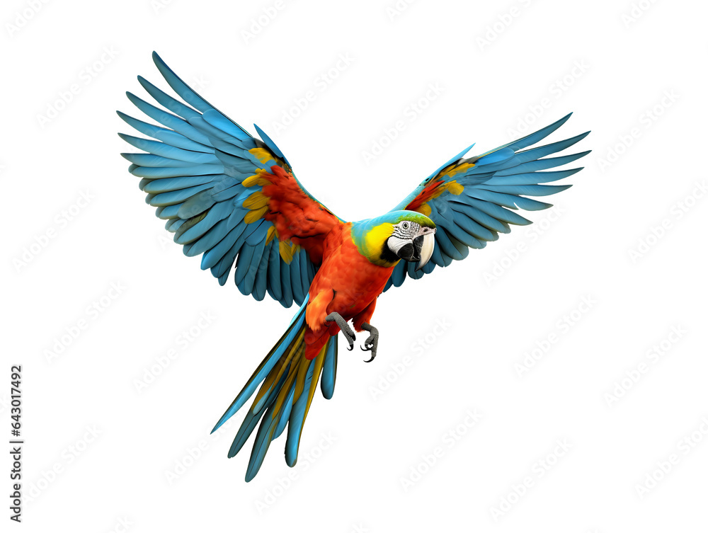 Fototapeta premium Flying macaw parrot isolated on transparent or white background, png