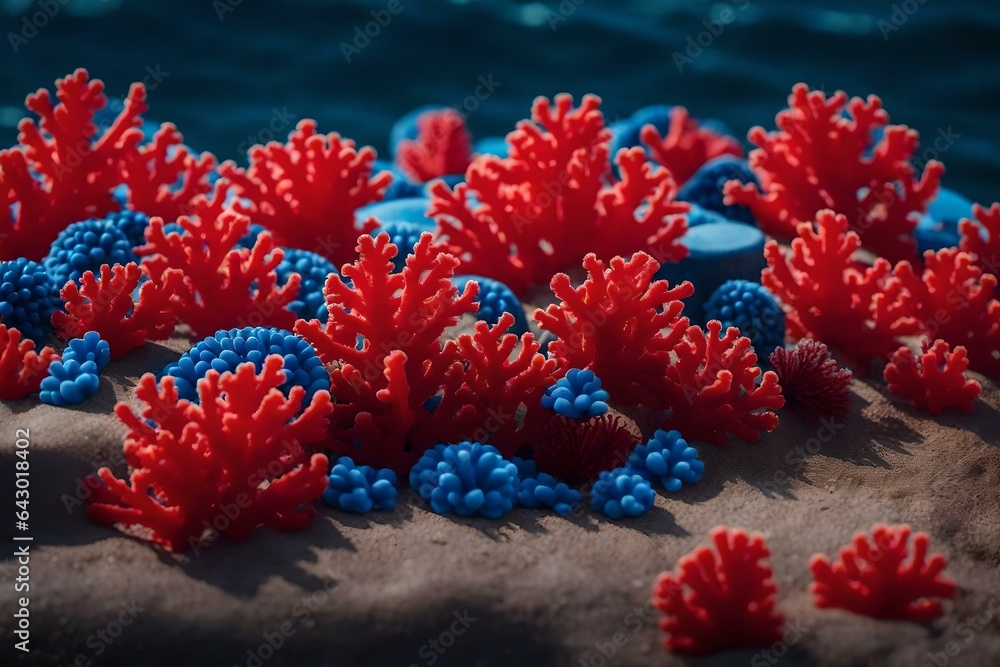 Fototapeta premium flat red plastic podium composition with blue corals by the sea beautiful materials