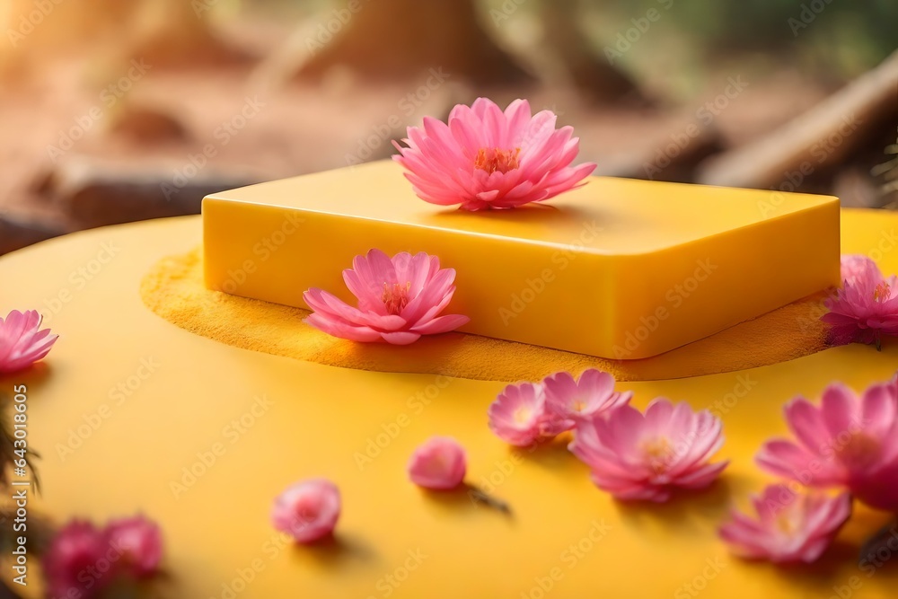 flat yellow plastic cosmetic podium composition with pink desert in the forest hyperrealistic materials flat yellow plastic cosmetic podium composition with pink desert in the forest hyperrealistic materials