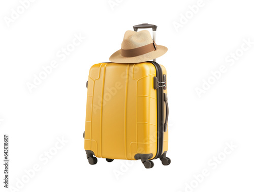 Travel luggage bag and a straw hat isolated on transparent or white background, png