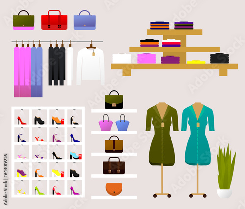 Stylish fashion clothes hanging on hangers rack on white background. Women's bags, shoes, sweaters, lie on the shelves