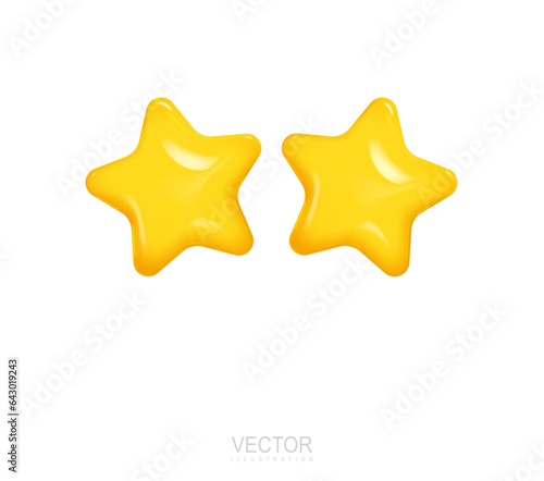 Two glossy yellow stars on a white background. Realistic 3d design. Vector