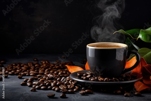 Hot drinks concept in cafes and restaurants with a black coffee mug and beans on a dark gray background offering space for inscription