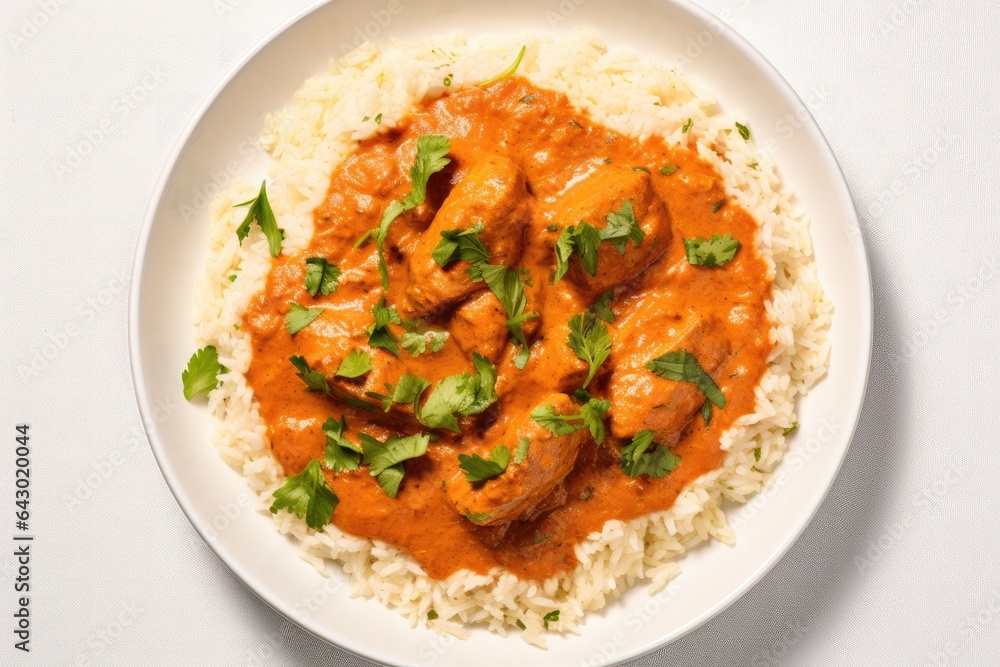 Indian Butter Chicken with Rice Photo Creamy Chicken Curry White Background Indian Butter Chicken with Rice Photo Creamy Chicken Curry White Background