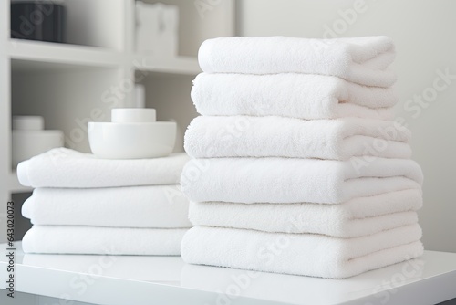 Fresh towels are neatly arranged on a pristine white surface