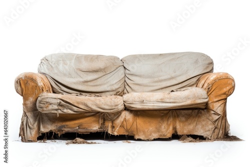 Isolated white background shows old dirty ripped sofa