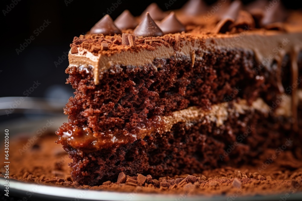 Macro photo of chocolate cake slice