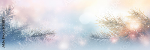 Christmas winter snow background with fir branches macro with soft focus and snowfall in blue tones with beautiful bokeh in sunny day  copy space  banner format