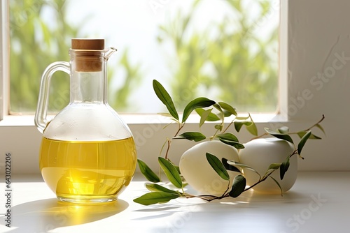 Olive oil in a decanter with a green leaf on a white background against the window