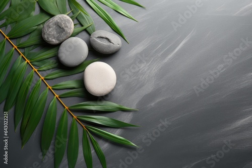 On a grey table  there is a flat lay arrangement featuring spa stones and a palm leaf. The composition leaves room for text.