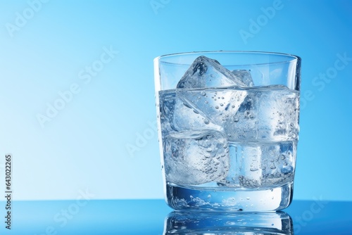 On scorching days, a refreshing and nutritious glass of water filled with ice cubes glistens against a serene blue backdrop.