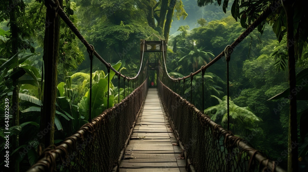 View of a tiny footbridge in the Costa Rican jungle, surrounded by lush, tropical trees